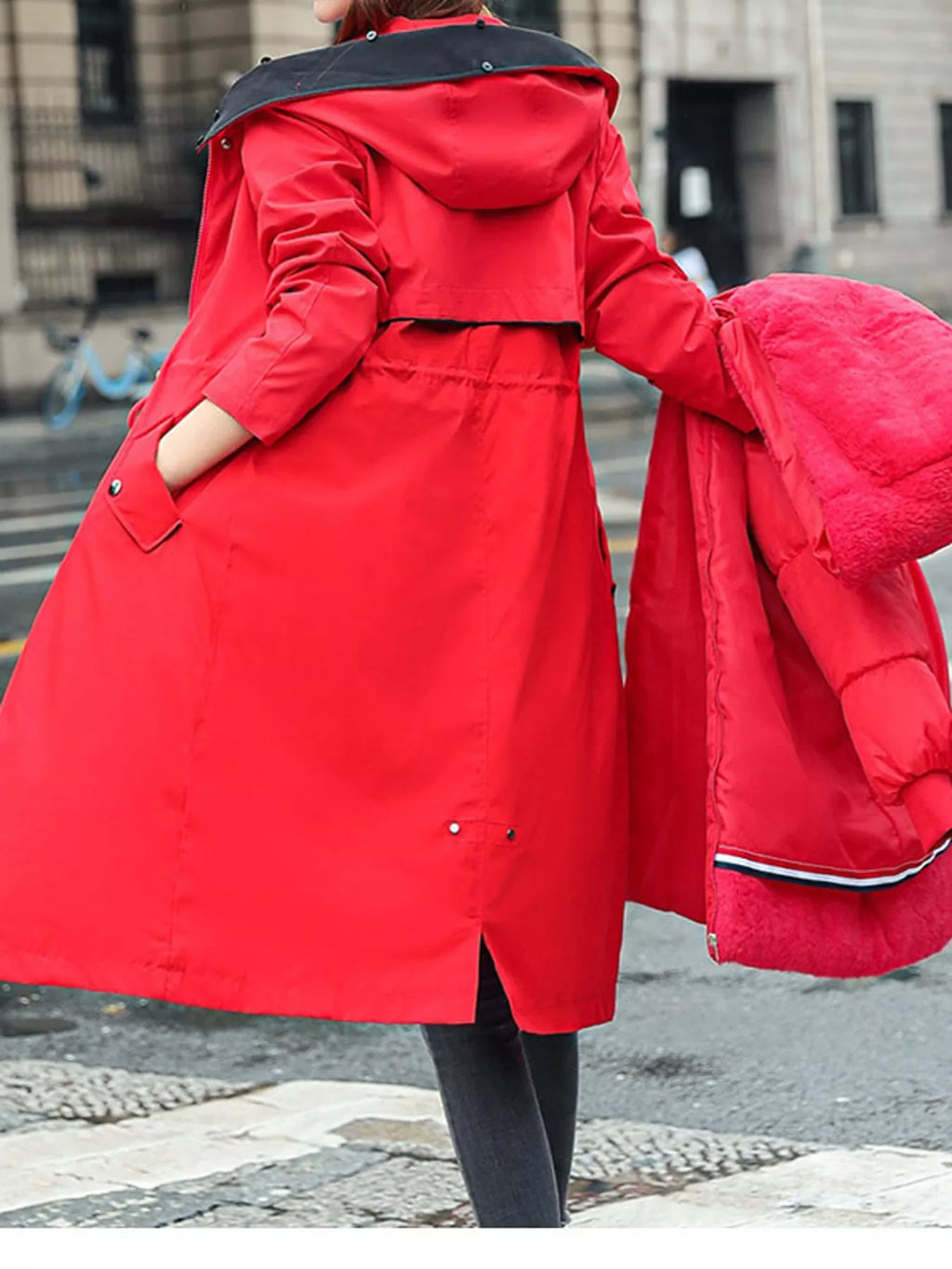 Detachable Longline Hooded Parka with Faux Fur Trim and Drawstring Waist
