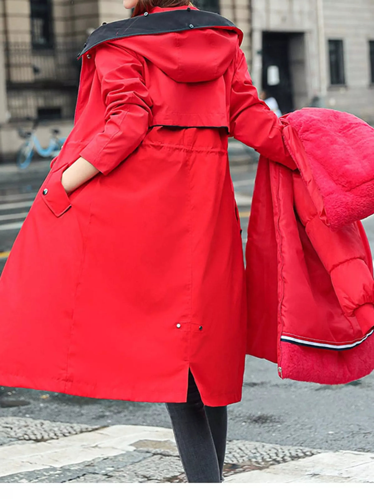 Detachable Longline Hooded Parka with Faux Fur Trim and Drawstring Waist
