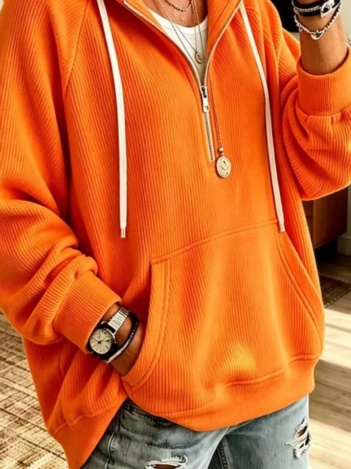Ribbed Knit Quarter-Zip Hoodie with Kangaroo Pocket