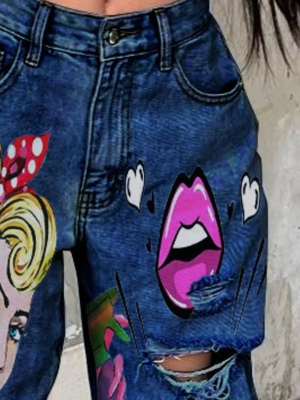 Full Size Art Print Distressed Wide-Leg Jeans Plus Size