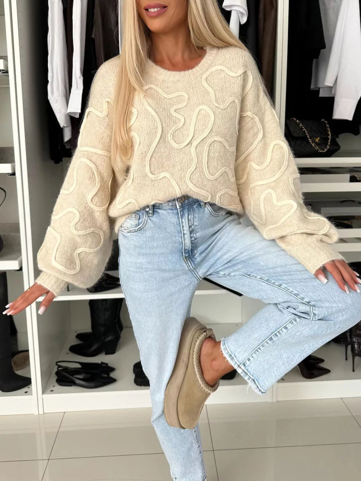 Abstract Pattern Oversized Round Neck Sweater