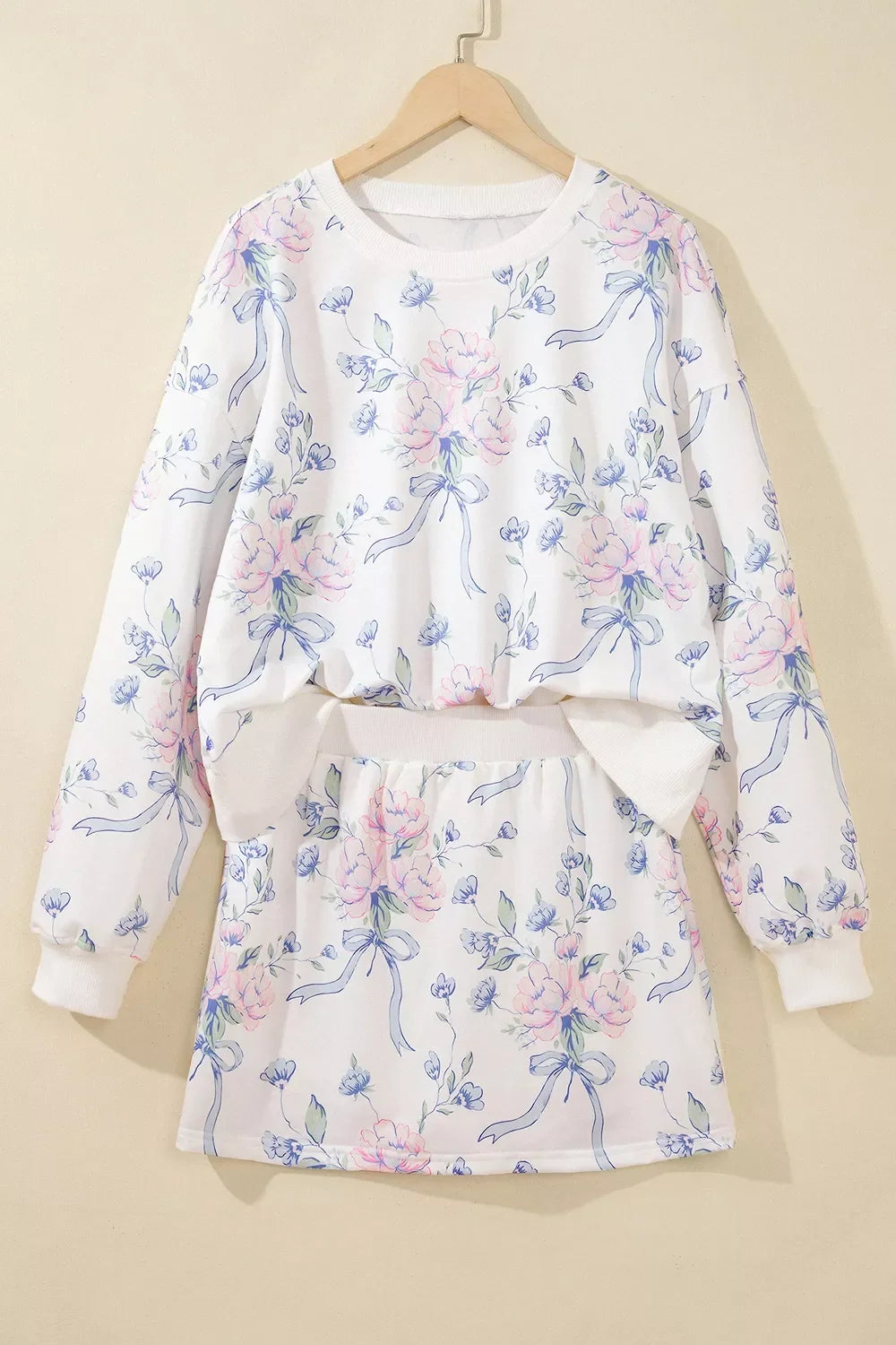 Floral Print Long Sleeve Top Elastic Waist Skort Two Piece Set