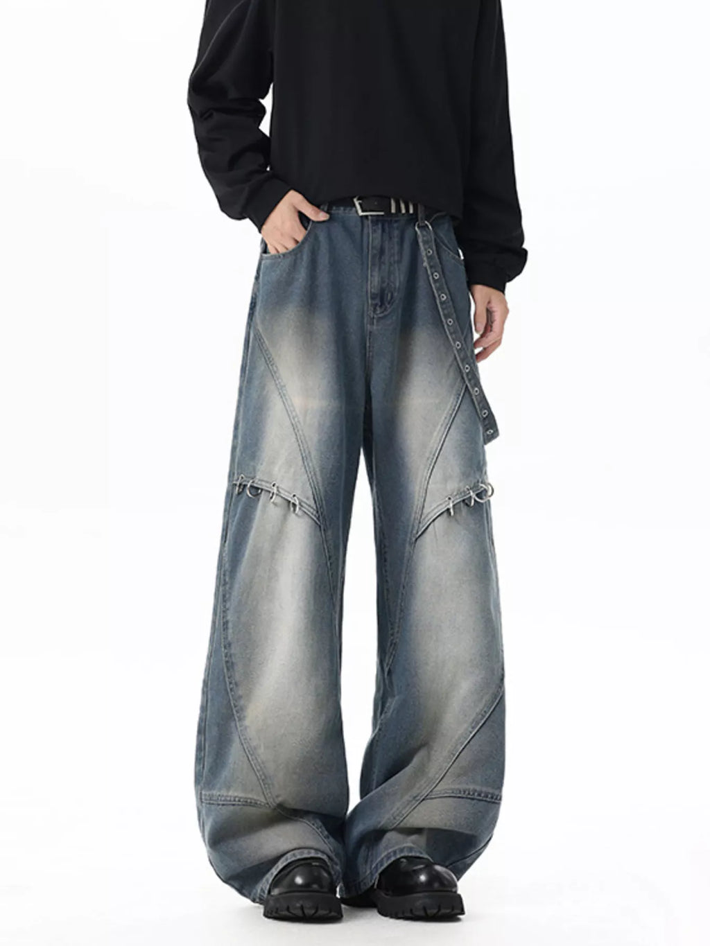 Men's Full Size Wide-Leg Denim Jeans with Metal Ring Plus Size