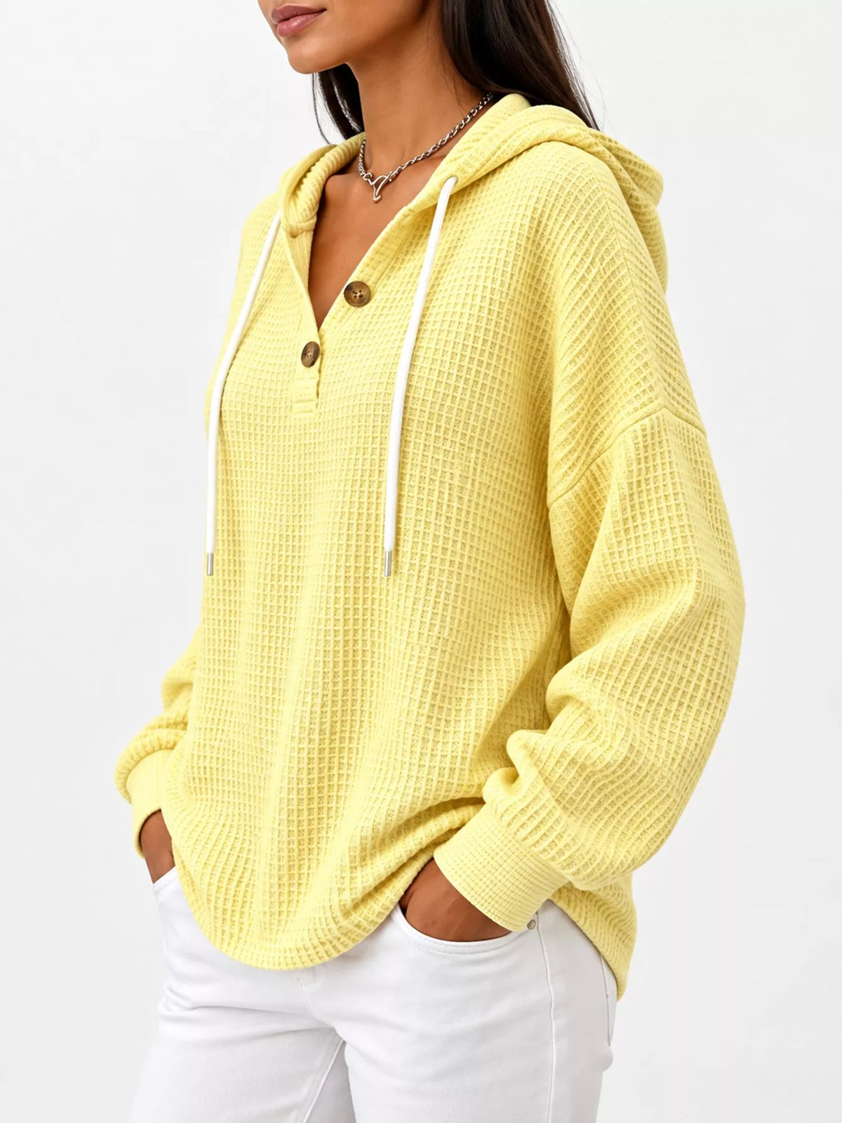 Full Size Waffle Knit Button Detail Hoodie Plus Size