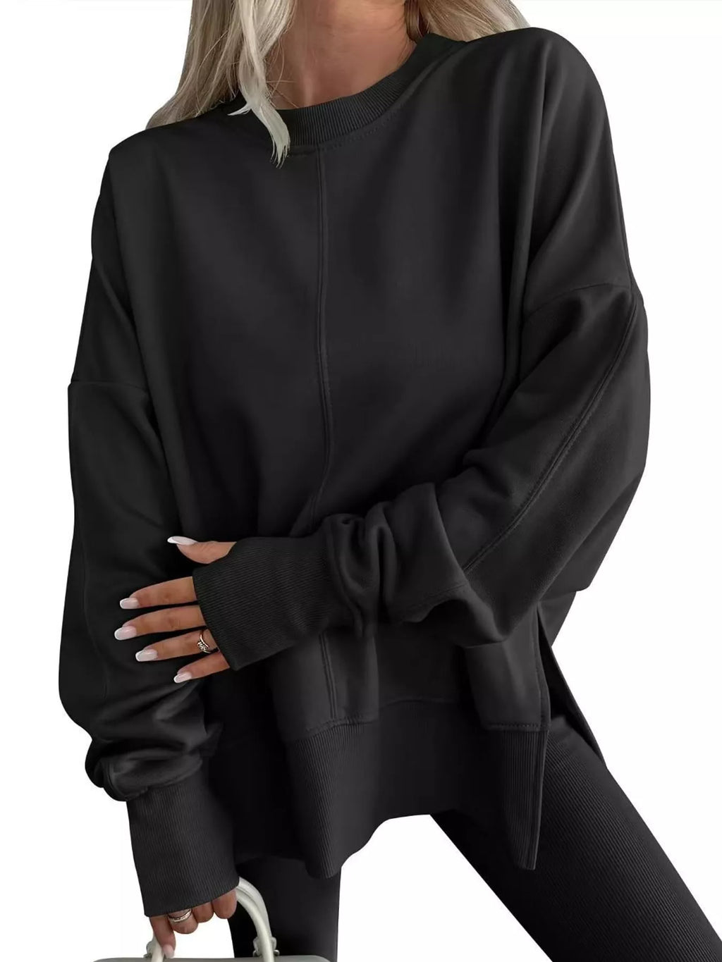 Oversized Crew Neck Sweatshirt with Side Slit