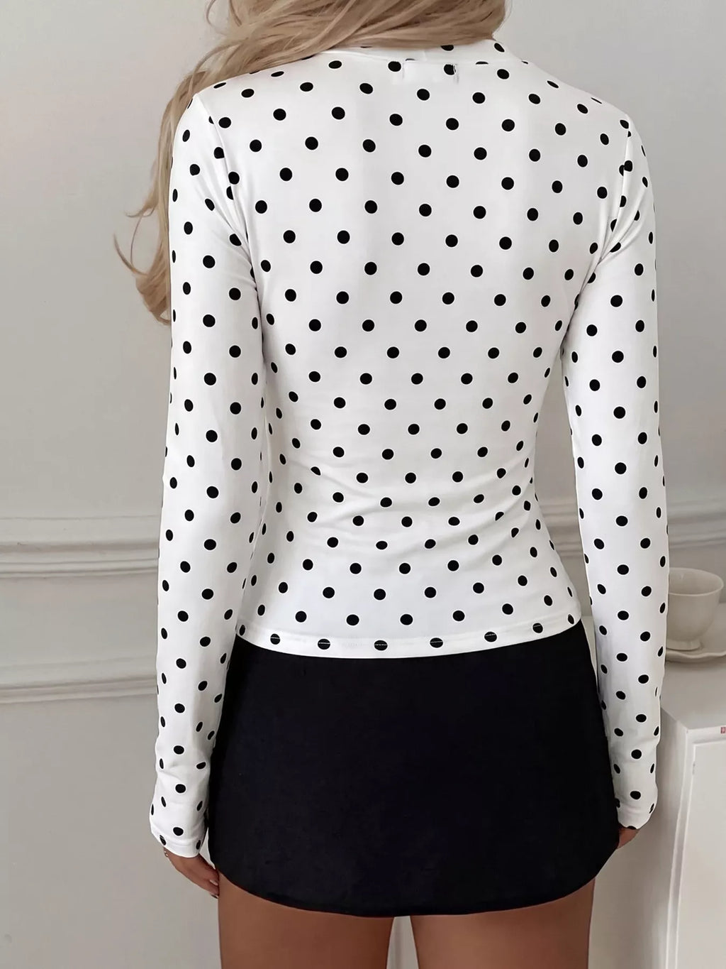 Polka Dot Keyhole Long Sleeve Slim Fit T-Shirt
