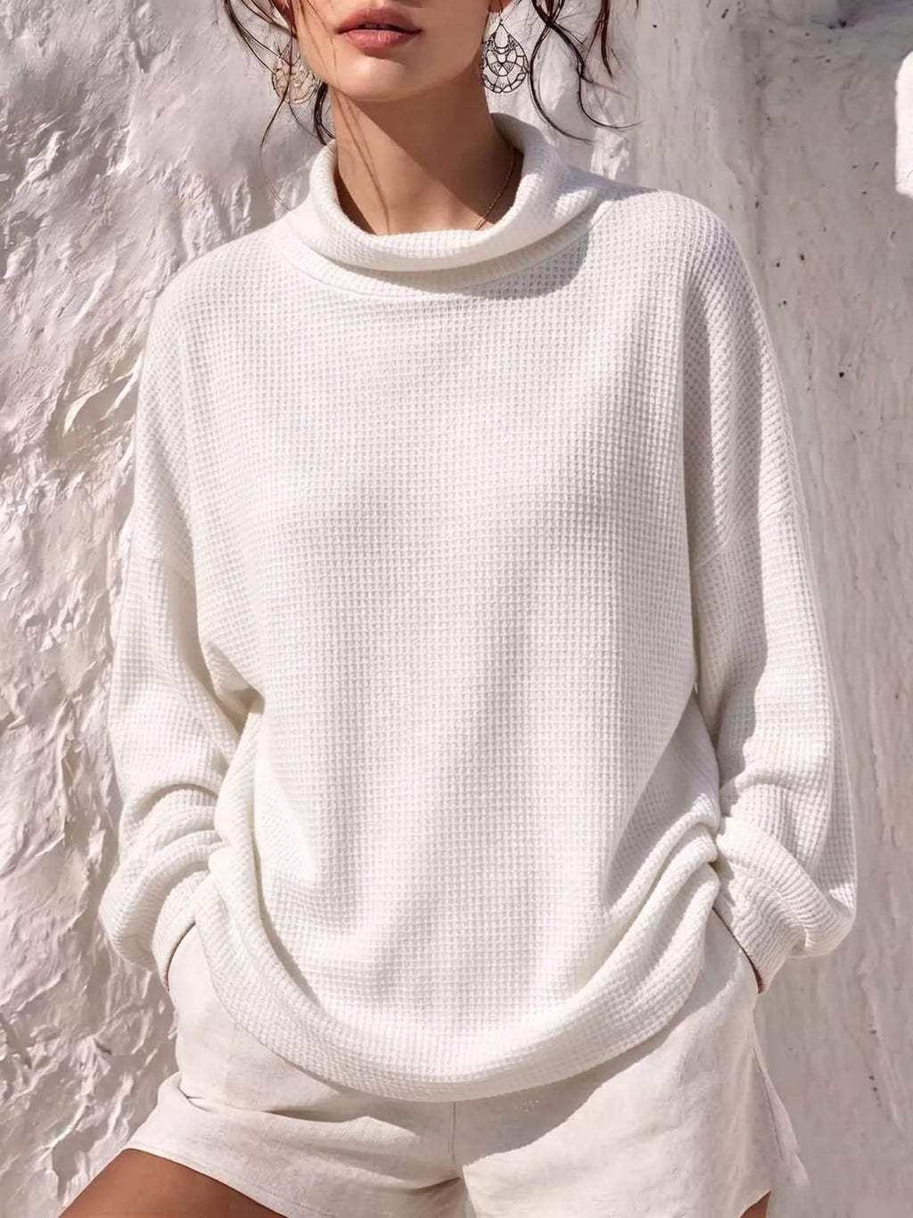 Full Size Waffle Knit Mock Neck Long Sleeve T-Shirt Plus Size
