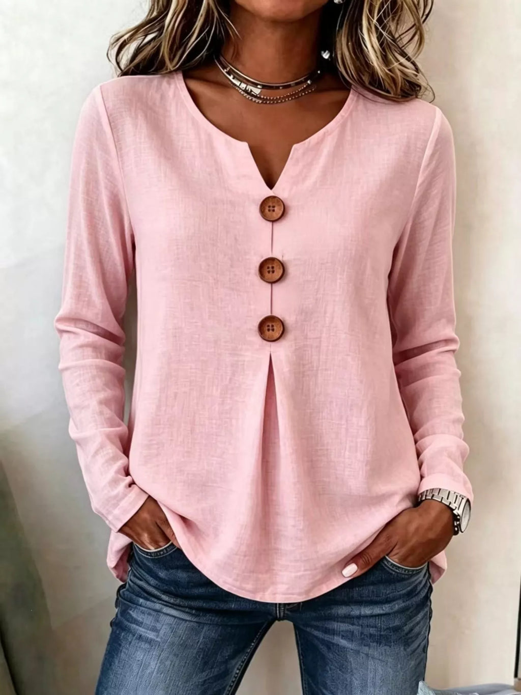 Full Size Decorative Button Long Sleeve Blouse Plus Size