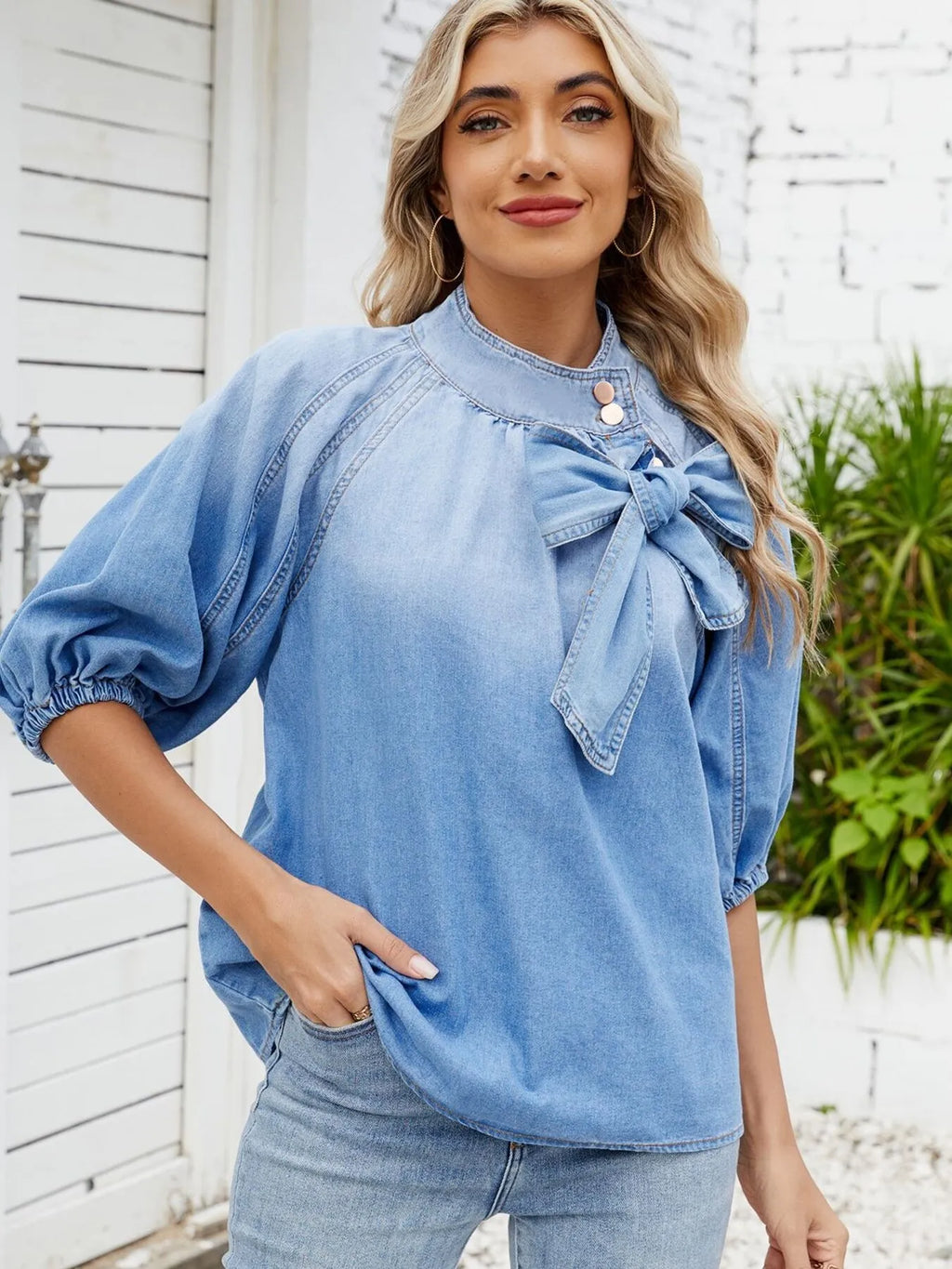 Denim Bow Tie Puff Sleeve Top