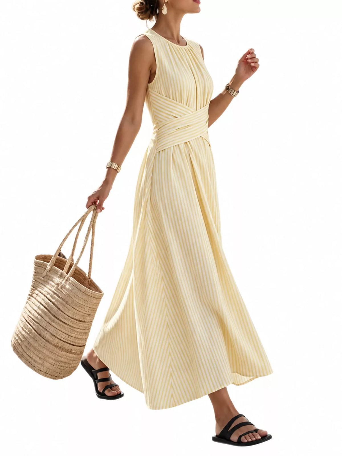 Full Size Sleeveless Striped Maxi Dress with Criss-Cross Waist Detail Plus Size
