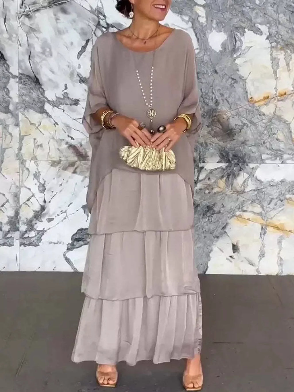 Full Size Layered Batwing Sleeve Maxi Dress Plus Size