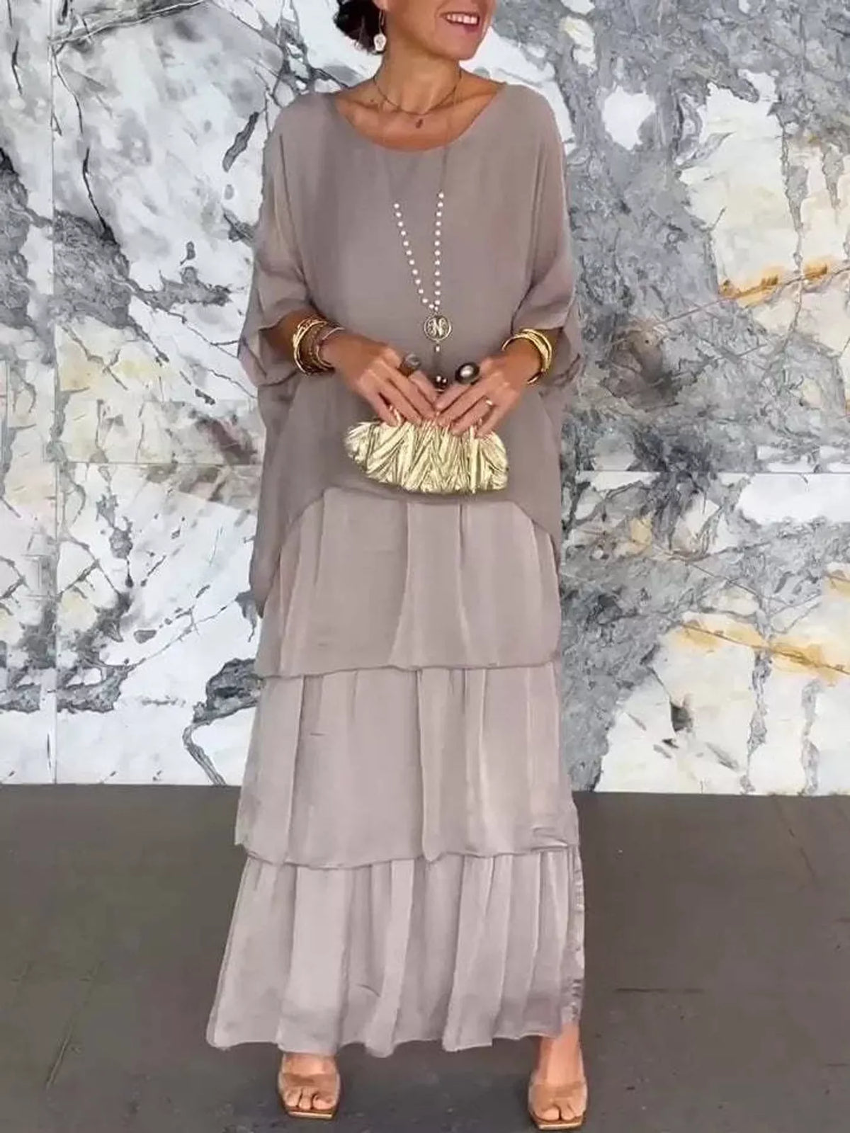 Full Size Layered Batwing Sleeve Maxi Dress Plus Size