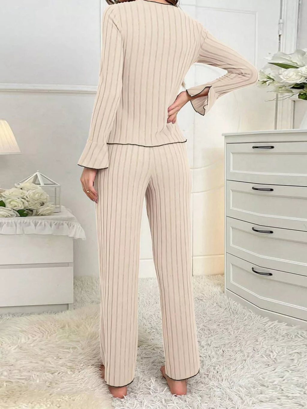 Contrast Bow Detail Top and Pants Lounge Set