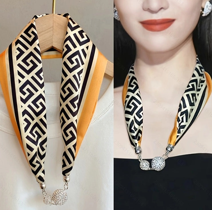 Magnetic Buckle Silk Women Scarf Pearl Necklace