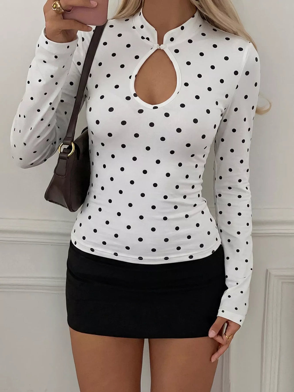 Polka Dot Keyhole Long Sleeve Slim Fit T-Shirt