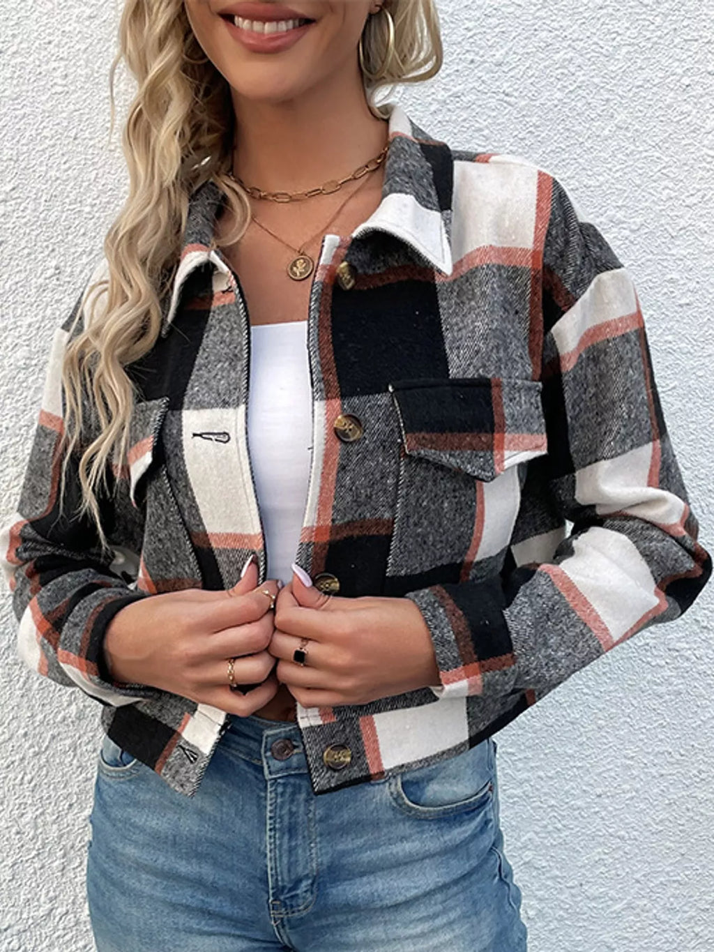 Plaid Button-Front Cropped Jacket