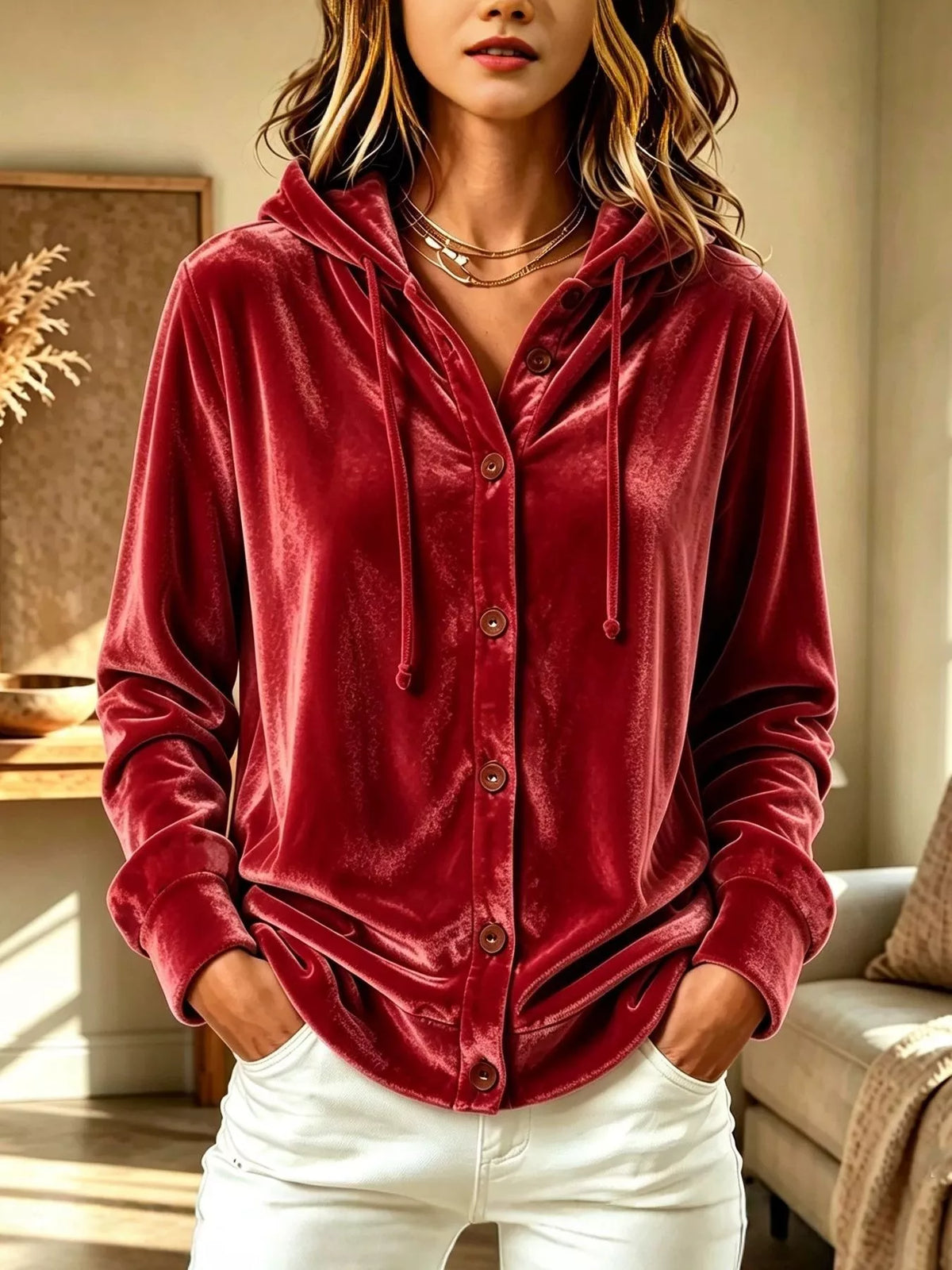 Full Size Velvet Button-Down Hooded Top Plus Size
