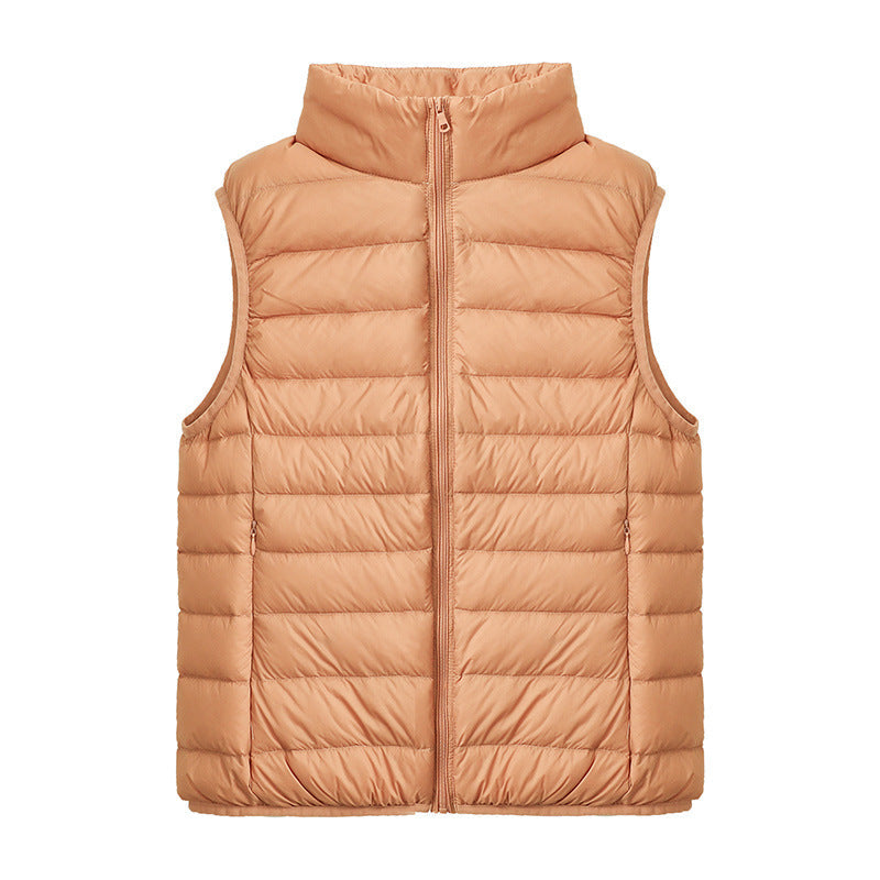 Womens Thin-style Down Vest, Cross-border, Two-way Zipper, 90 White Duck Down, Short Length
