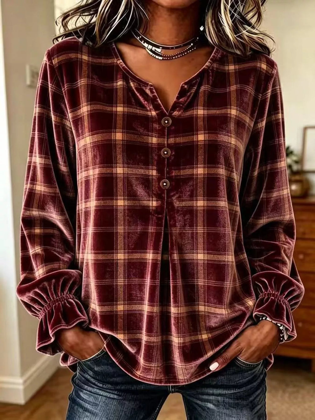 Full Size Plaid Velvet Flounce Sleeve Blouse Plus Size