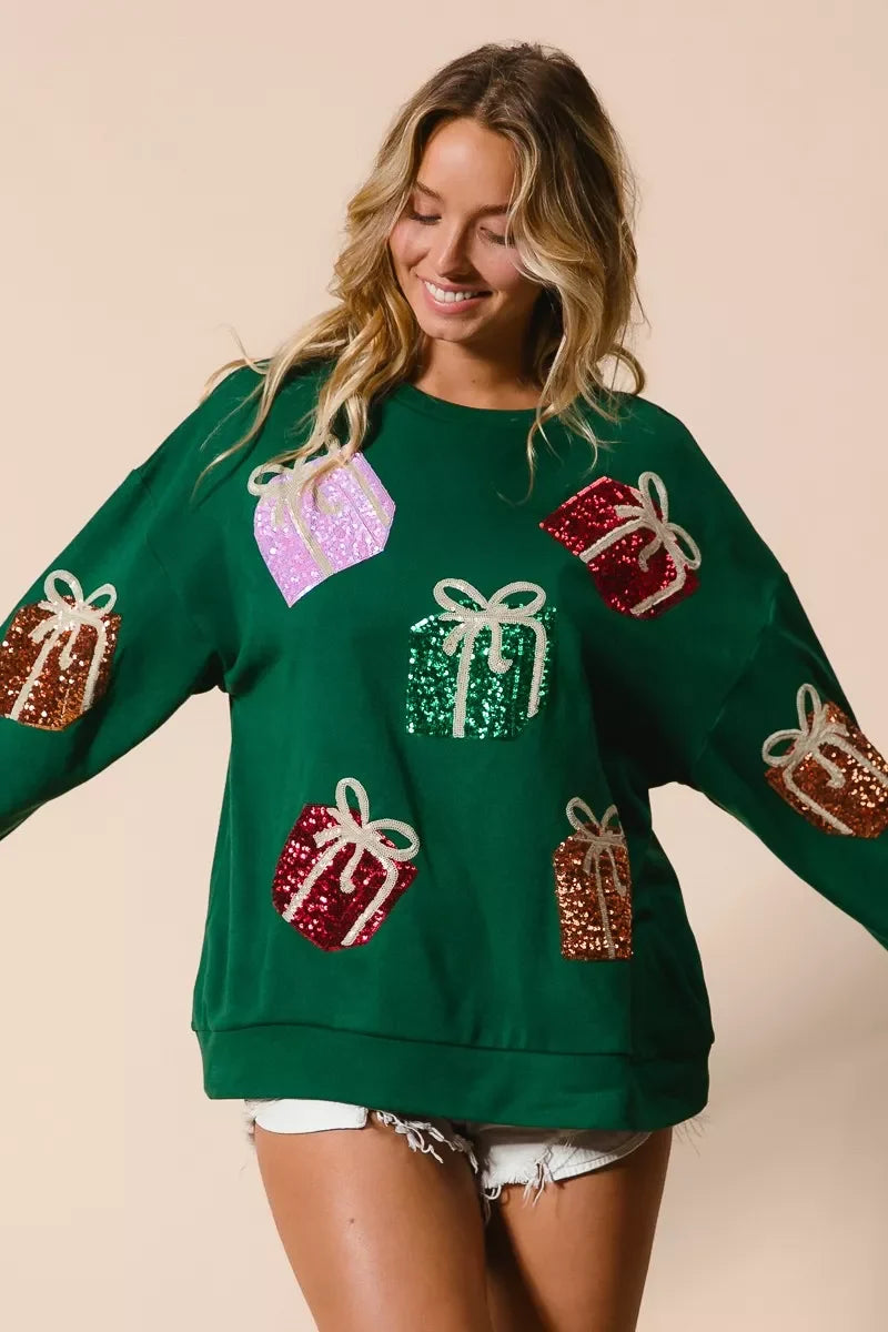 BiBi Sequin Christmas Gift Box Embroideries Pullover