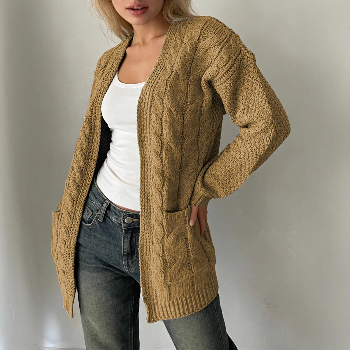 Solid-color Cable-knit Pocket Jacket For Women