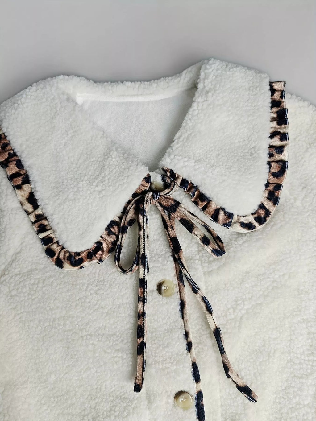 Leopard Trim Contrast Collar Sherpa Jacket