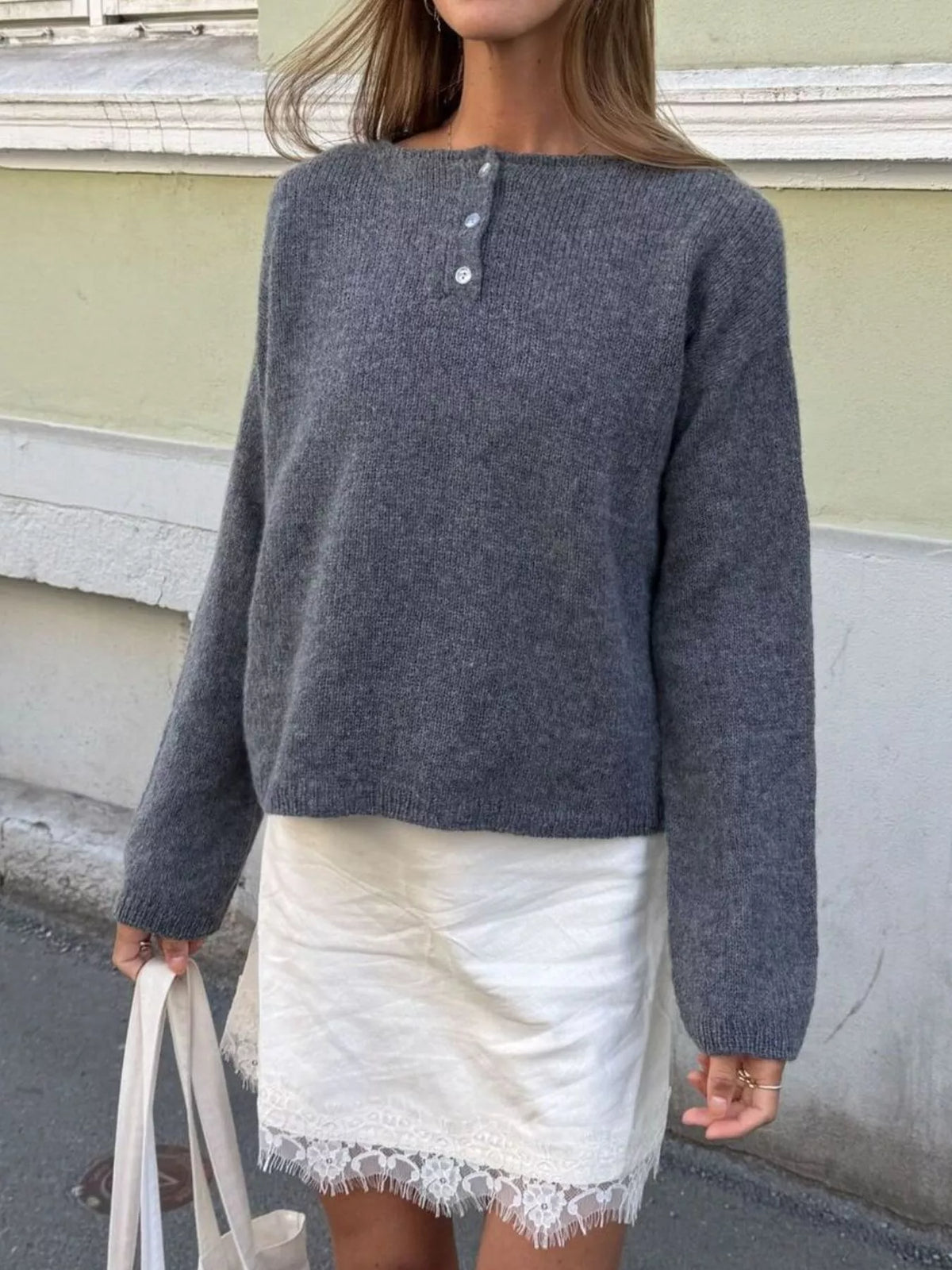Button-Placket Round Neck Drop Shoulder Knit Top