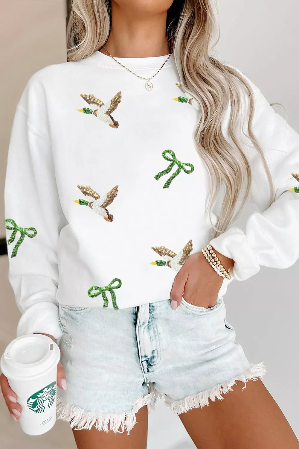 Sequin Mallard Bow Crewneck Pullover Sweatshirt