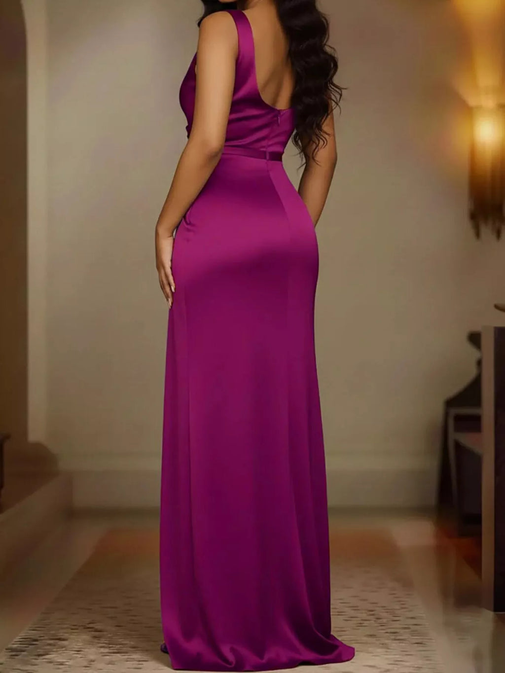 Full Size Satin Cowl Neck High Slit Evening Maxi Dress Plus Size