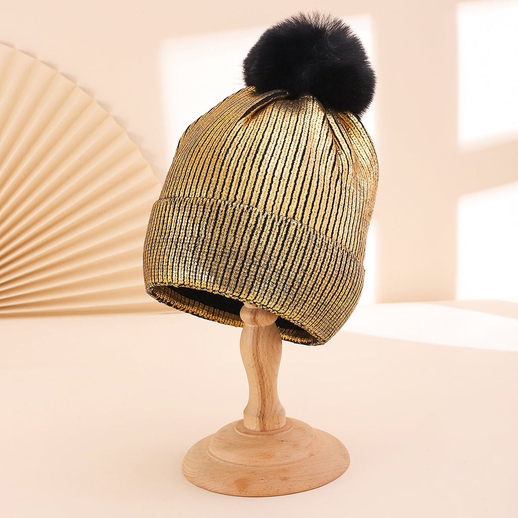 Colorful Stamped Gold Large Wooly Ball Knitted Hood For Autumn Winter With Vertical Stripes And Flared Edges  Warm And Stylish Knitted Hat