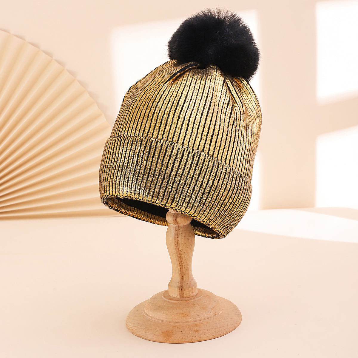 Colorful Stamped Gold Large Wooly Ball Knitted Hood For Autumn Winter With Vertical Stripes And Flared Edges  Warm And Stylish Knitted Hat