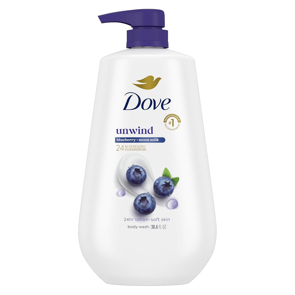 Dove Body Wash Unwind Blueberry & Moon Milk For 24hr Lotion-Soft Skin Moisturizing Skin Cleanser with No Sulfates No Parabens 30.6 oz