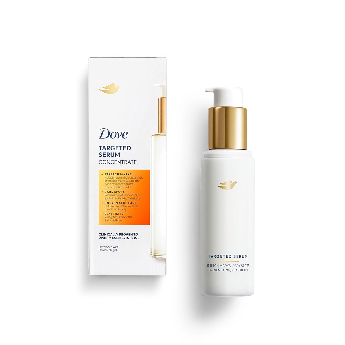 Dove Targeted Serum Multipurpose for Stretch Marks, Dark Spots, Uneven Skin Tone and Elasticity,with Tone Balance Complex, Niacinamide, Collagen Peptides and Natural Moisturizing Factors, 3.2 oz