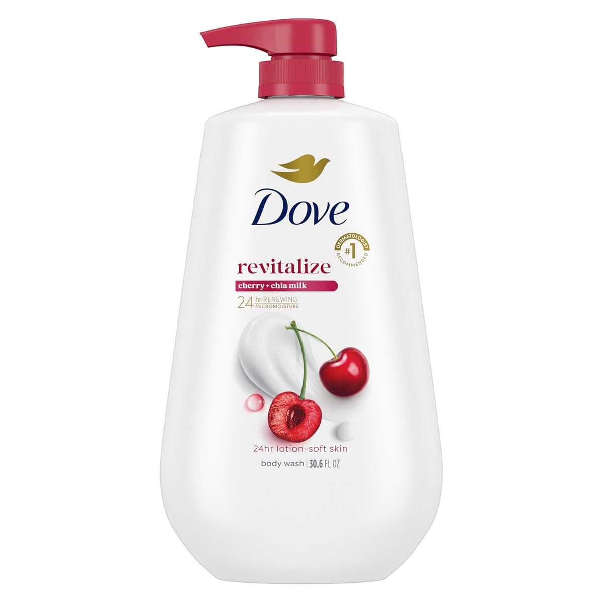 Dove Body Wash with Pump Revitalizante Cherry & Chia Milk, for Renewed, Healthy Looking Skin, Moisturizing Gentle Skin Cleanser with 24hr Renewing MicroMoisture, 30.6 oz