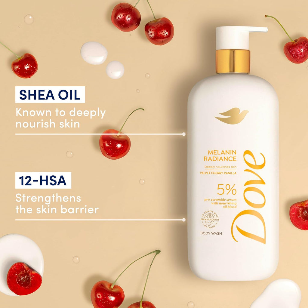 Dove Body Wash Melanin Radiance Nourishes for restored radiance 5% pro-ceramide serum with nourishing oil blend 18.5 oz