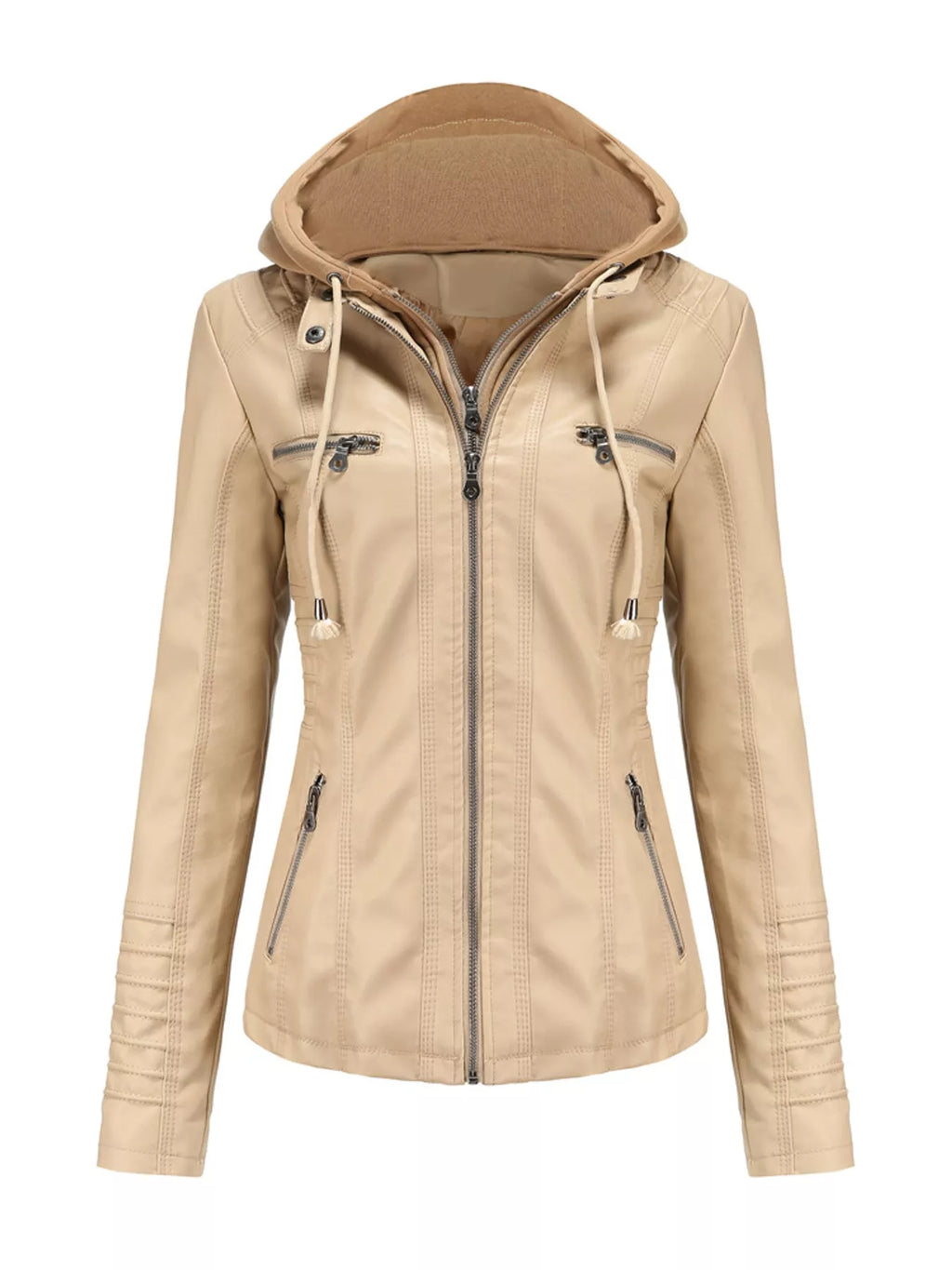 Full Size Detachable Hooded Faux Leather Moto Jacket Plus Size