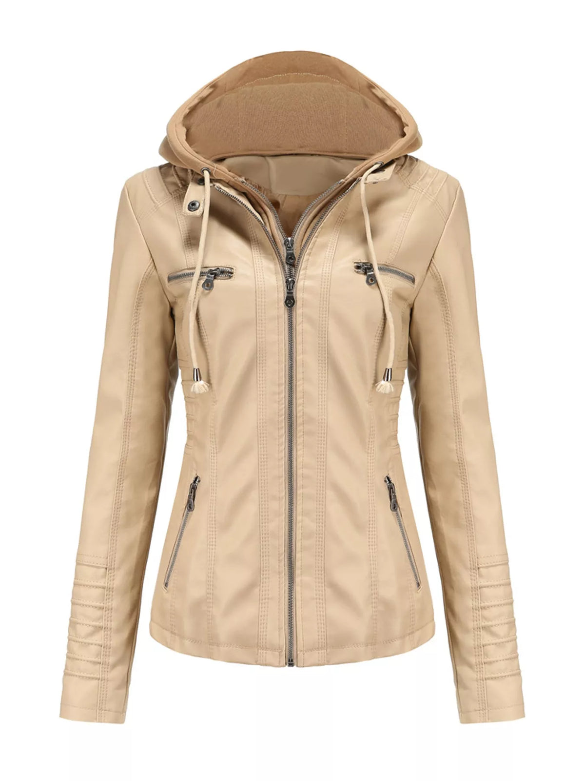 Full Size Detachable Hooded Faux Leather Moto Jacket Plus Size