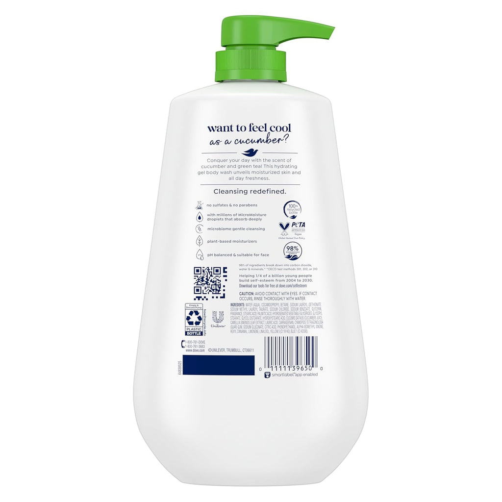 Dove Body Wash with Pump Refresh Cucumber and Green Tea for 24hr Lotion-Soft Skin Moisturizing Skin Cleanser with No Sulfates No Parabens 30.6 oz