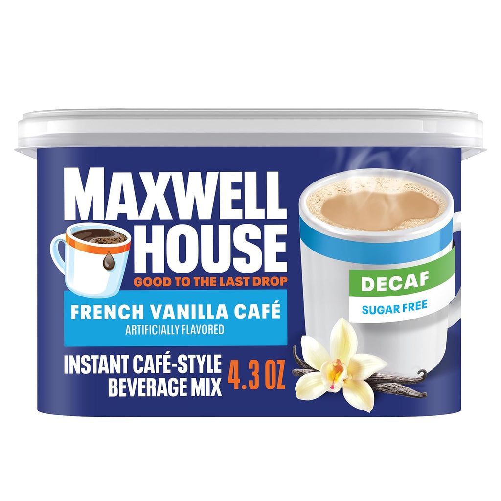 Maxwell House Instant Cafe-Style Beverage Mix, Decaf and Sugar Free, Easy to Prepare, 1 Canister, for Quick Morning Coffee or Afternoon Treat, French Vanilla Cafe, Kosher Dairy, 4.3 oz