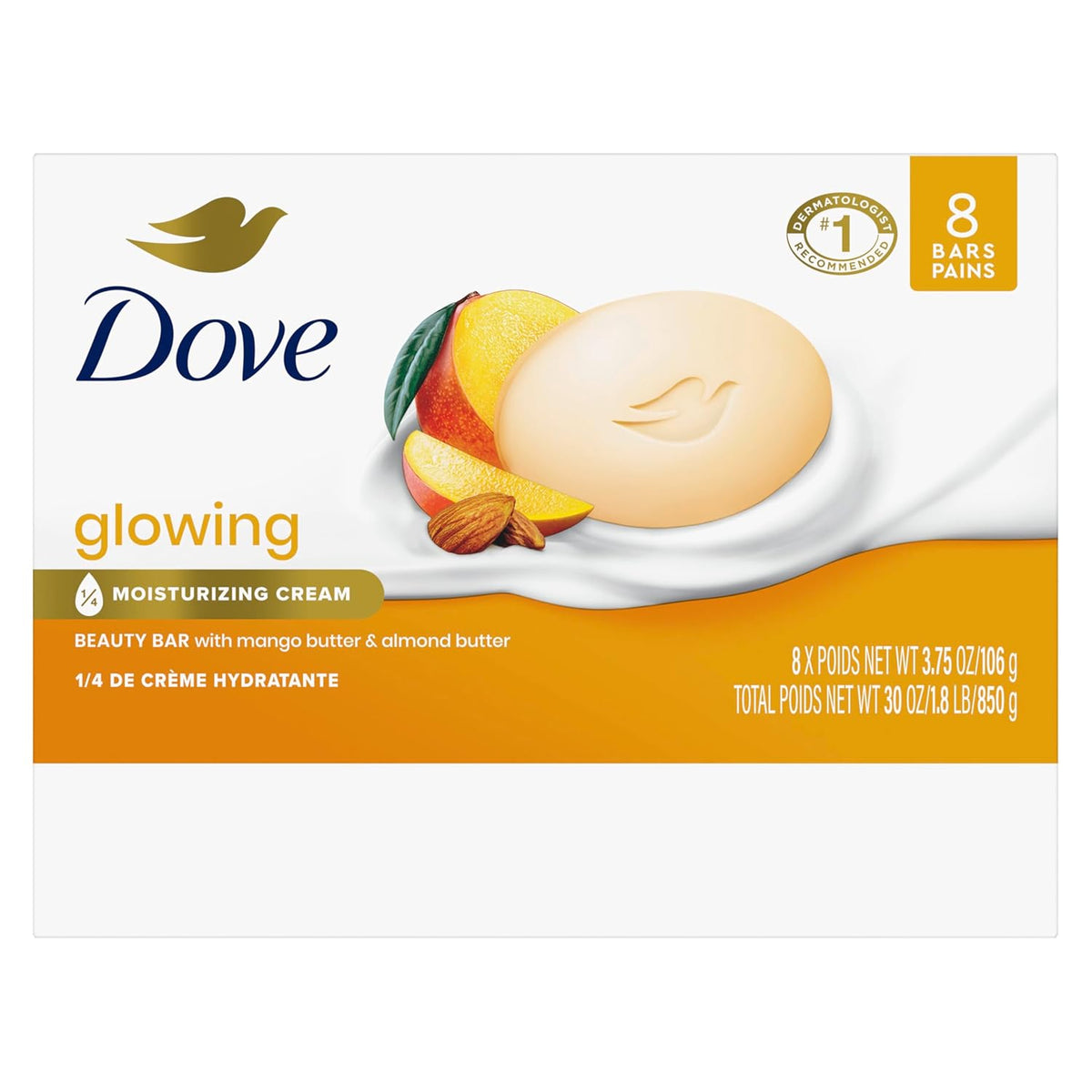 Dove Beauty Bar Soap Glowing Mango & Almond Butters, 8 Bars for Radiant Skin, Illuminates Skin 3.75 oz