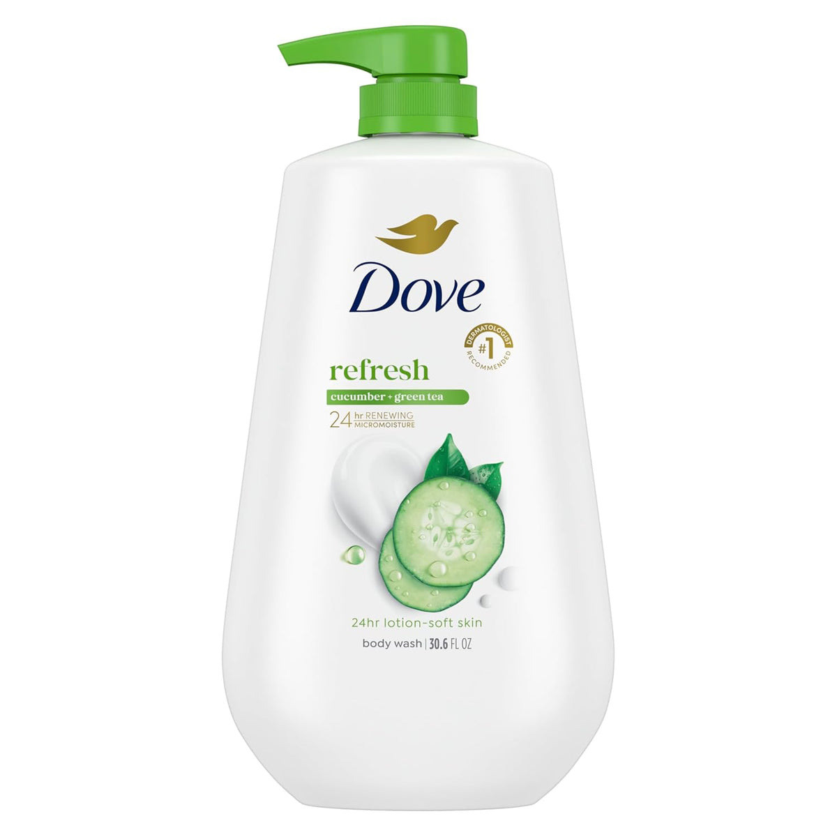 Dove Body Wash with Pump Refresh Cucumber and Green Tea for 24hr Lotion-Soft Skin Moisturizing Skin Cleanser with No Sulfates No Parabens 30.6 oz
