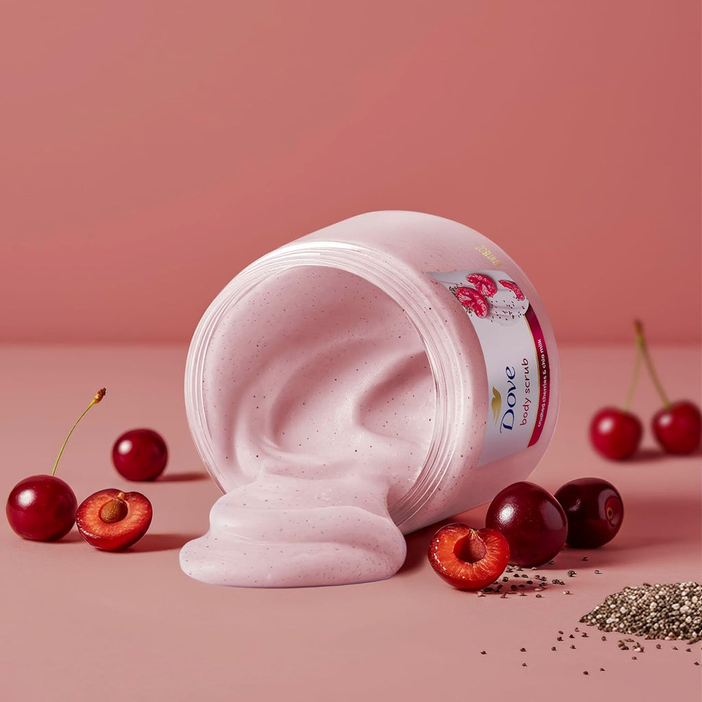 Dove Cherry & Chia Milk Body Scrub Exfoliates and Deeply Nourishes for Smooth, Radiant Skin 15 oz