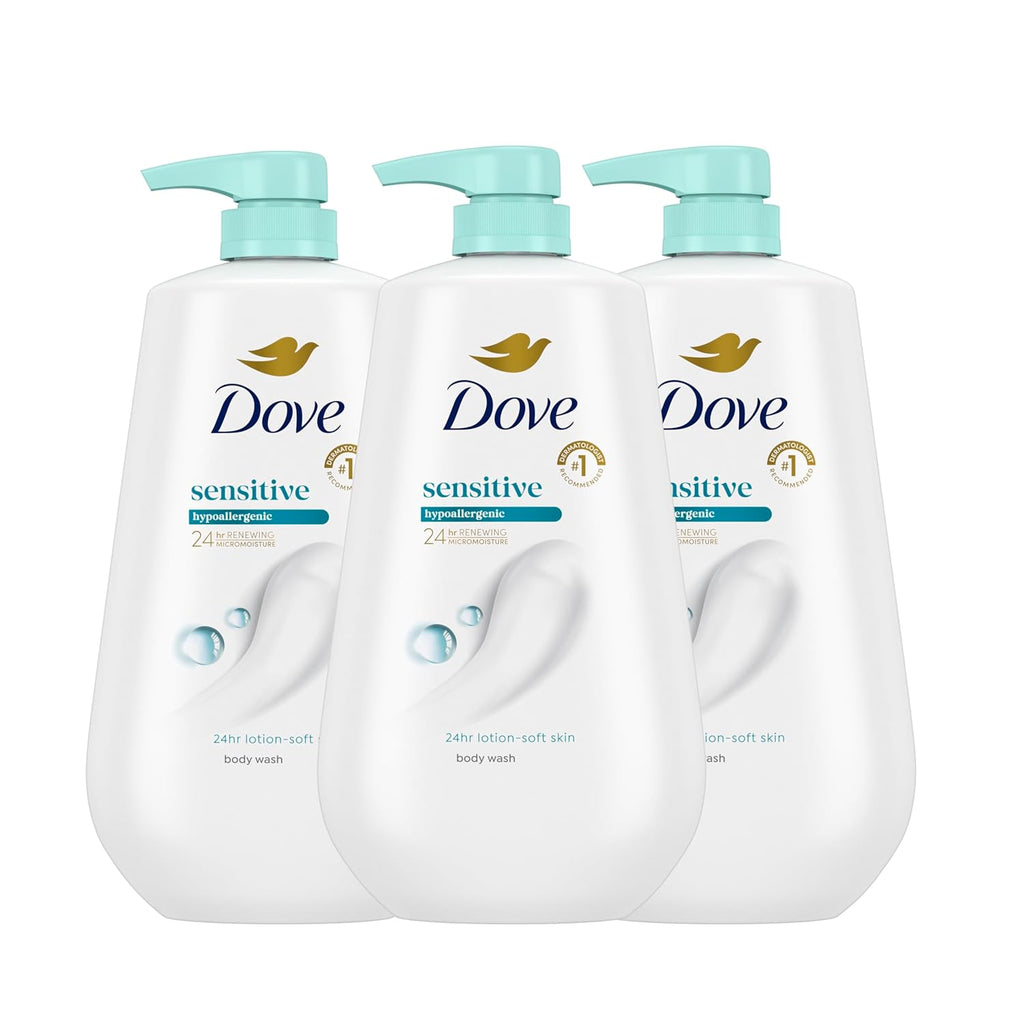 Dove Body Wash 3 Count Sensitive Skin For 24hr Lotion-Soft Skin Moisturizing Skin Cleanser Gentle Hypoallergenic Formula with No Sulfates No Parabens