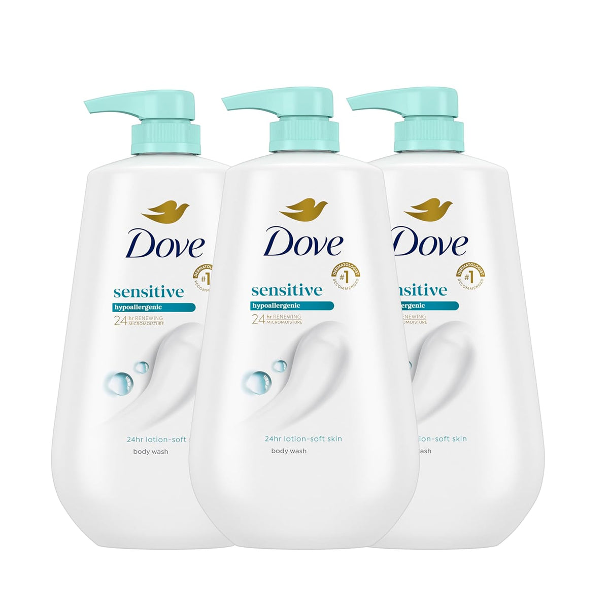 Dove Body Wash 3 Count Sensitive Skin For 24hr Lotion-Soft Skin Moisturizing Skin Cleanser Gentle Hypoallergenic Formula with No Sulfates No Parabens