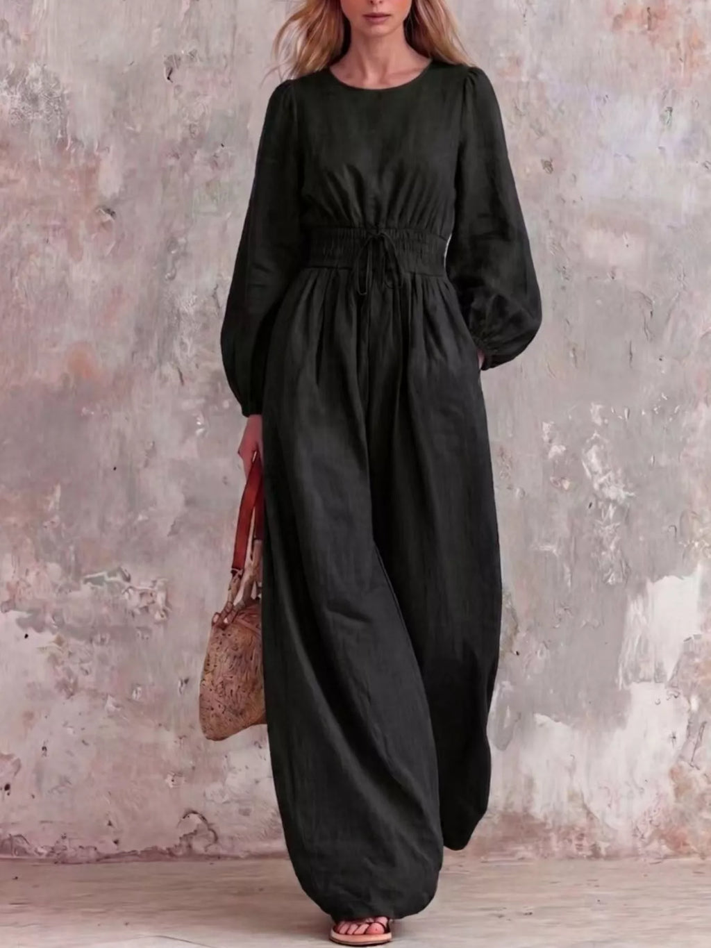 Smocked Waist Long-Sleeve Jumpsuit