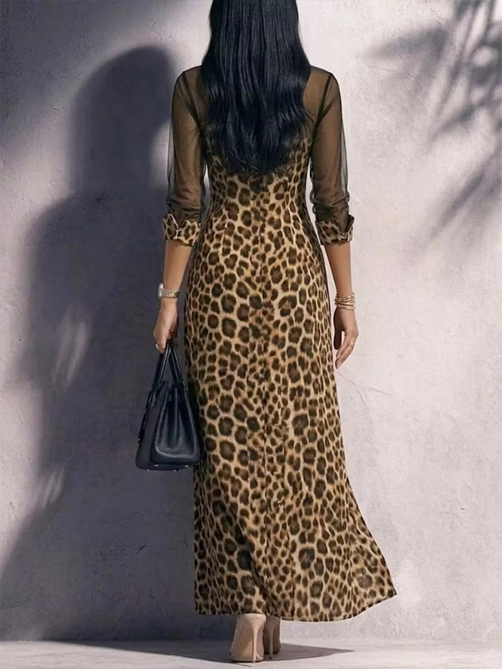 Full Size Leopard Print Sheer Mesh Panel Button-Down Maxi Dress Plus Size