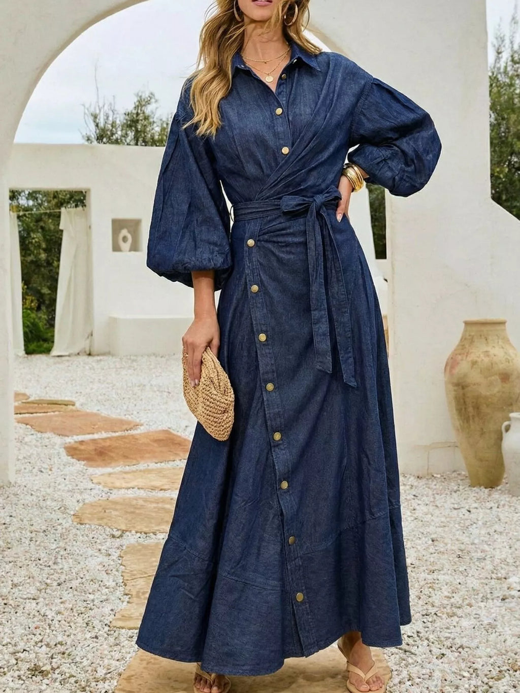 Long Sleeve Wrap-Front Denim Dress