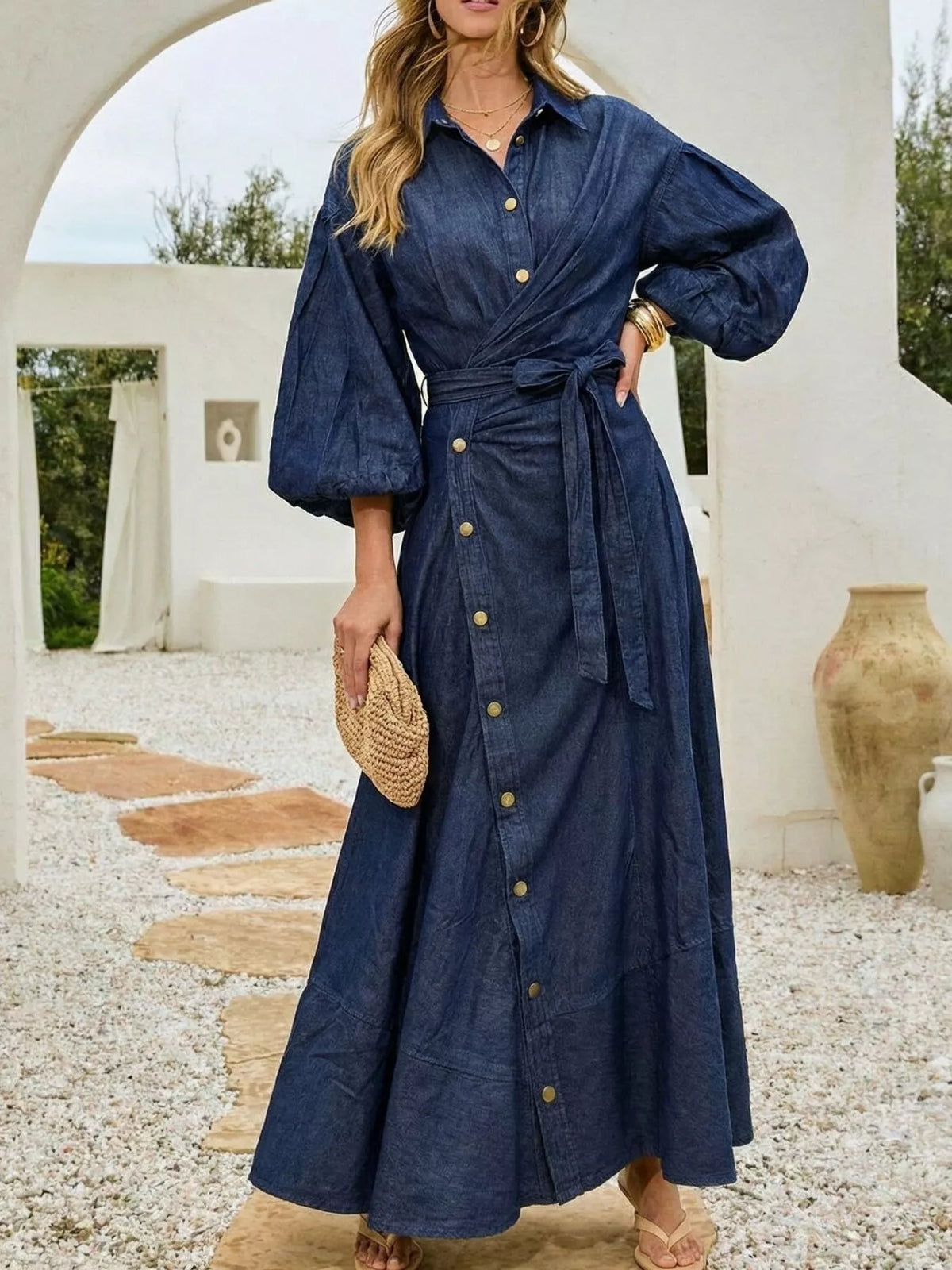 Long Sleeve Wrap-Front Denim Dress