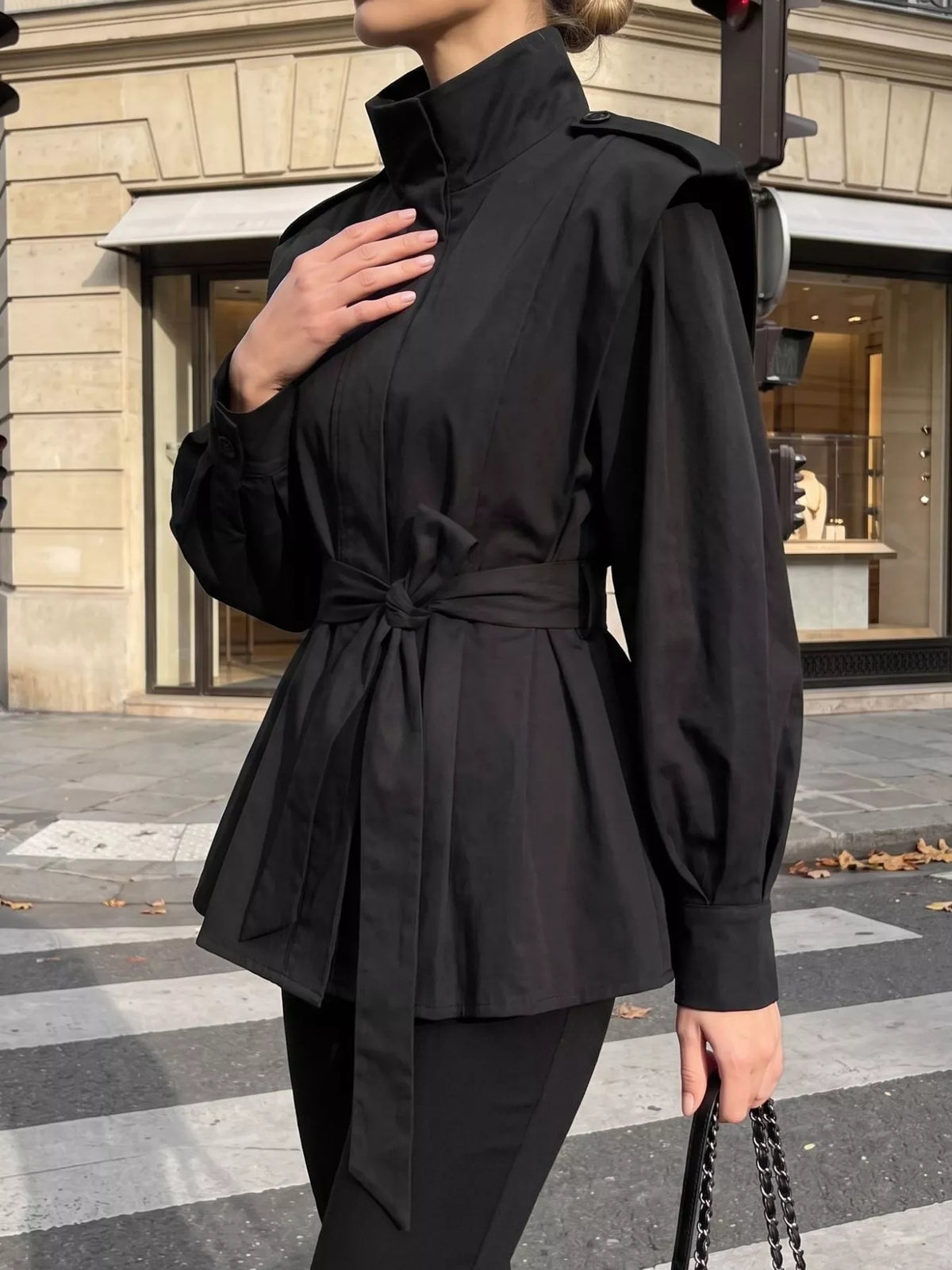 Stand-Collar Belted Outerwear