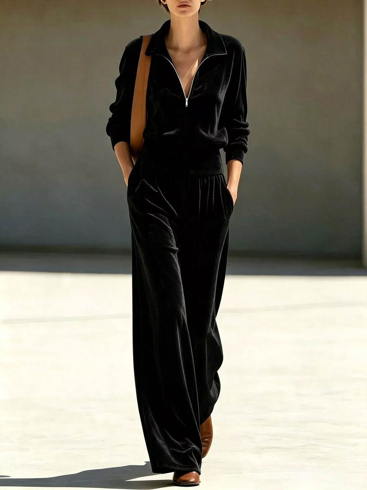 Full Size Half Zip Sweatshirt and Wide-Leg Pants Set Plus Size